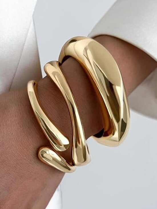 Jewelry - Set of 3 Chunky Gold Bangle Bracelet Adjustable Twist Cuff Elegant Jewelry